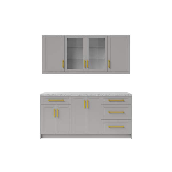 NewAge Products 7-Piece Gray Home Bar Cabinet Set with Contemporary Brushed Brass Handles