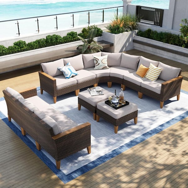 PHI VILLA Brown Rattan Wicker 11 Seat 11-Piece Steel Patio Outdoor Sectional Set with Beige Cushions