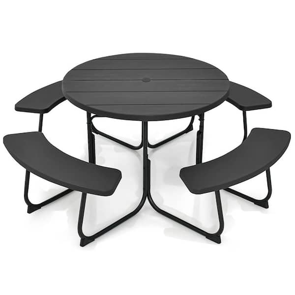 Boyel Living 75 in. W Black Round Composite Outdoor Picnic Table Bench Set for 8-Person with Umbrella Hole