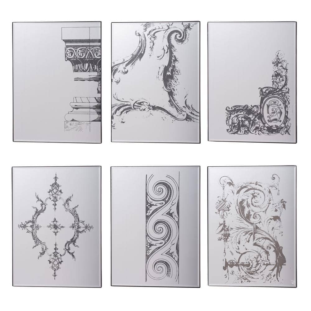 Silver Rectangular Antique Mirror Glass Panels Set of 6