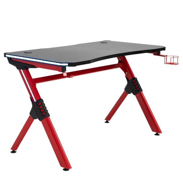 HOMCOM 43.25 in. Red Gaming Computer Desk with Built-In LEDs and Cup ...