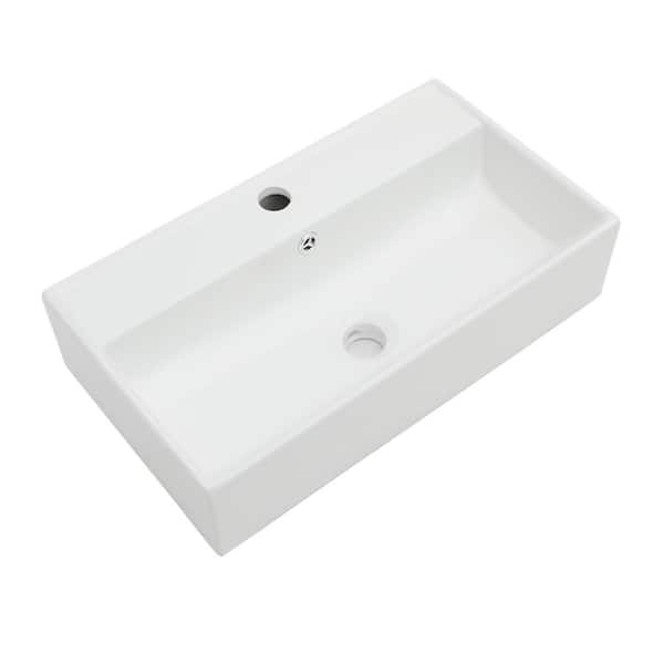 LORDEAR 21 in. W x 12 in. D x 5 in. H Ceramic Wall Mount Bathroom Rectangular Vessel Sink in White with Single Faucet Hole