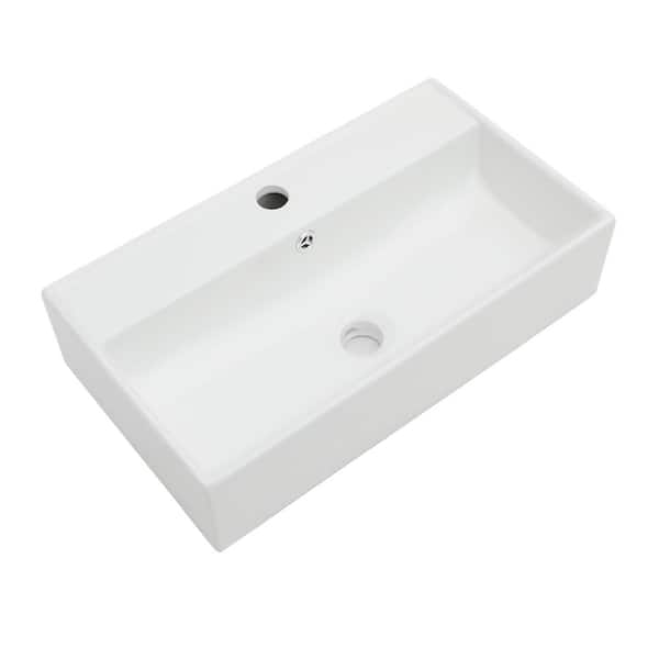 21 in. W x 12 in. D x 5 in. H Ceramic Wall Mount Bathroom Rectangular Vessel Sink in White with Single Faucet Hole