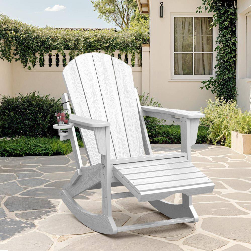 Adirondack Plastic HDPE Folding Outdoor Rocking Chair with Retractable Ottoman and Cup Holder for Patios in White price history on PriceWatchPro