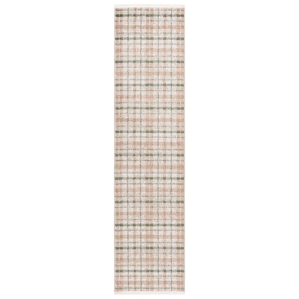 Oxford Plaids 2 ft. x 8 ft. Beige/Green Geometric Plaid Runner Rug