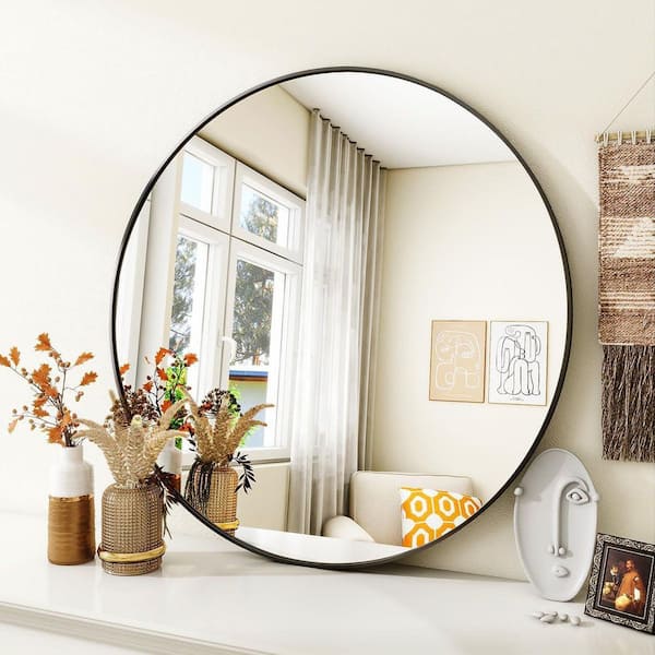 WONDER COMFORT Black 30 in W x 30 in. H Classical Circle Aluminum Alloy Framed Round Mirror for Vanity, Bathroom and Entryway