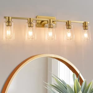 Farmhouse 35 in. 5-Light Gold Modern Industrial Indoor Vanity Light with Clear Glass Shades, Bulbs Not Included
