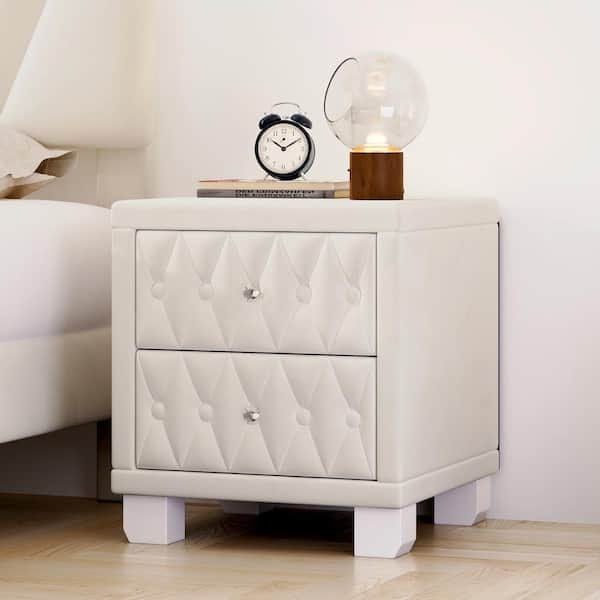 Harper & Bright Designs Beige Elegant 2-Drawer Velvet Button-Tufted Nightstand with Crystal Handles