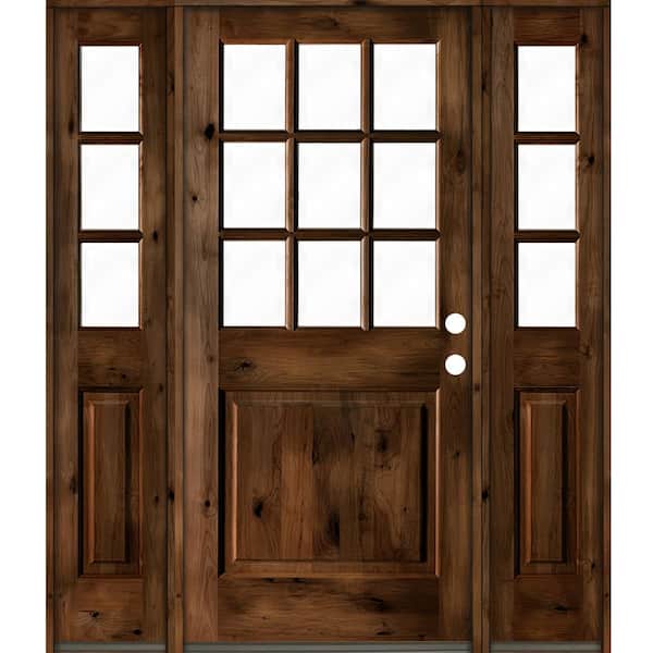 Krosswood Doors 64 in. x 80 in. Rustic Knotty Alder Left-Hand Clear 9-Lite Provincial Stain Wood Single Prehung Front Door/Sidelites