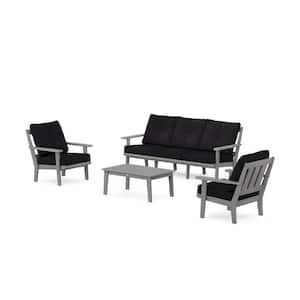 Oxford 4-Pcs Plastic Patio Conversation Set with Sofa in Slate Grey/Midnight Linen Cushions