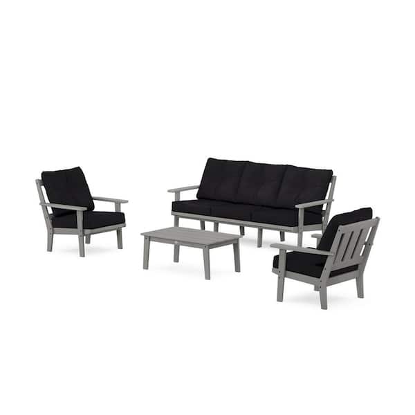 POLYWOOD Oxford 4-Pcs Plastic Patio Conversation Set with Sofa in Slate Grey/Midnight Linen Cushions