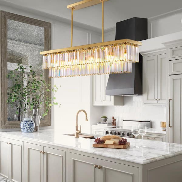 LuminFan 47 in. 12-Light Gold 2-Tier Rectangle Crystal Chandelier