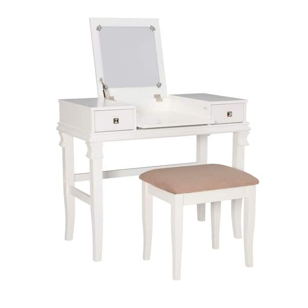 Linon Home Decor Angela White Lift Top Vanity Set with Stool and Two Drawers
