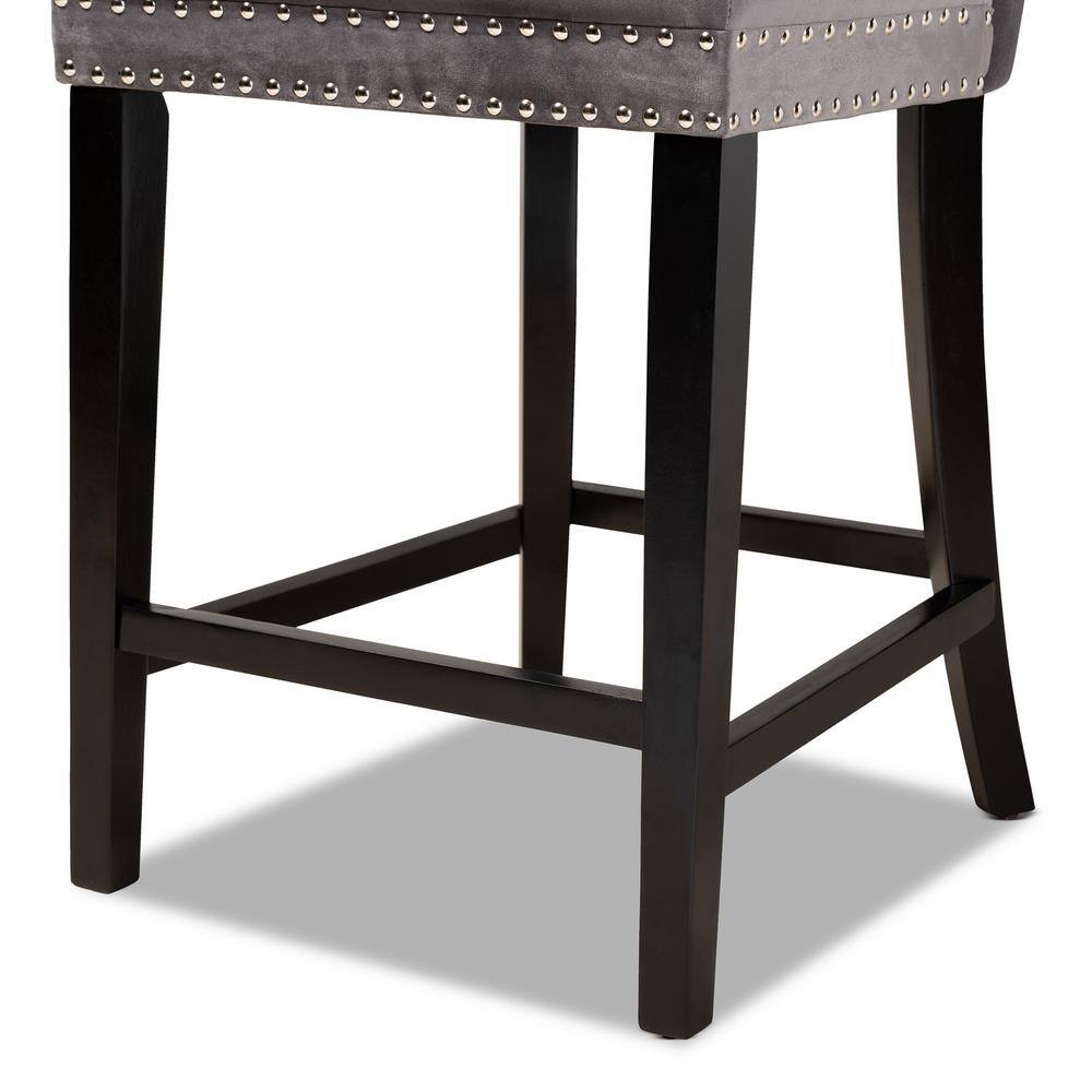 Gray Velvet and Dark Brown Wood Quilted Counter Stools, Set of 2
