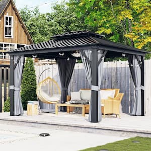 12 ft. x 10 ft. Aluminum Galvanized Steel Double Roof Hardtop Gazebo with Curtains and Netting