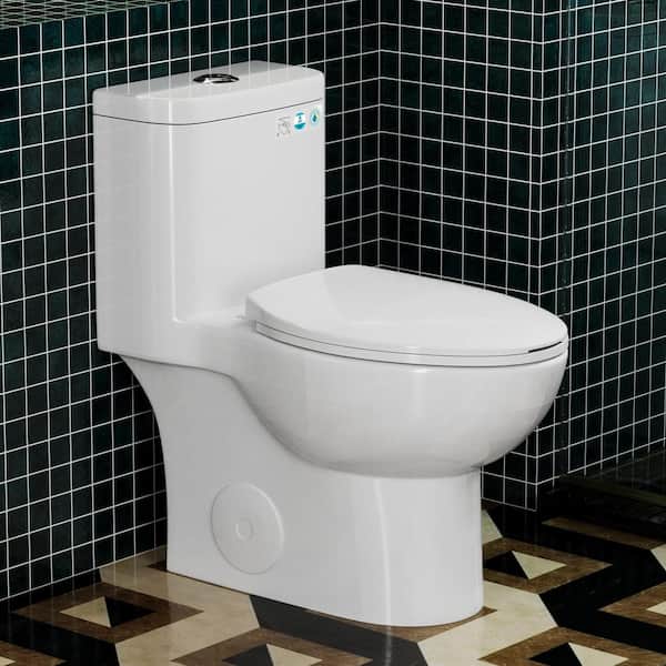 12 in. 1-Piece 1.1/1.6 GPF Dual Flush Elongated Toilet in Gloss White, Seat Included-ADA 17 in. Comfort Height