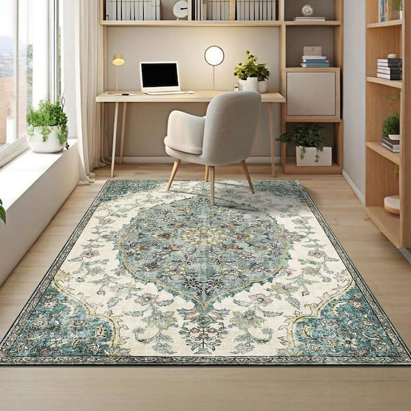 Vintage Printed Rug Low Pile Non-Slip Thin Carpet Living Room Decorative Carpet for Bedroom Kitchen Green，10X13ft