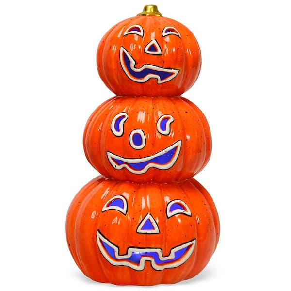 Gymax Pre-Lit Halloween Pumpkin Lantern 3-Tiers Hand-Painted Ceramic Pumpkins