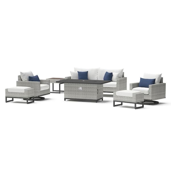 RST BRANDS Milo Grey 7-Piece Wicker Motion Fire Patio Conversation Set with Sunbrella Bliss Ink Cushions