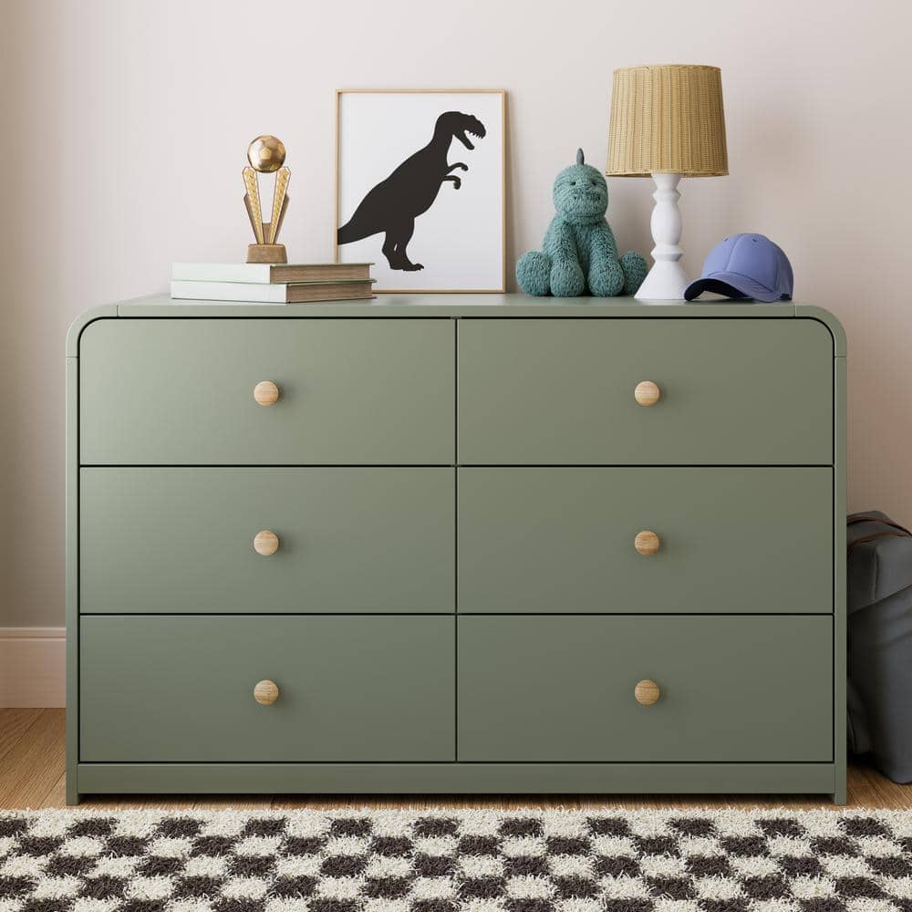 Olive Green 6-Drawer Nursery Dresser with Natural Rubberwood Knobs