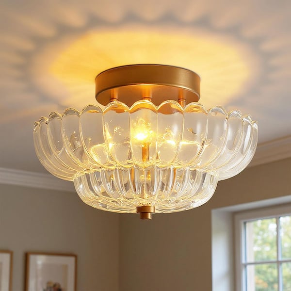 12 in. 3-Light Gold Semi Flush Ceiling Light with Warm Amber Glass for Bedroom, Hallway, Living Room