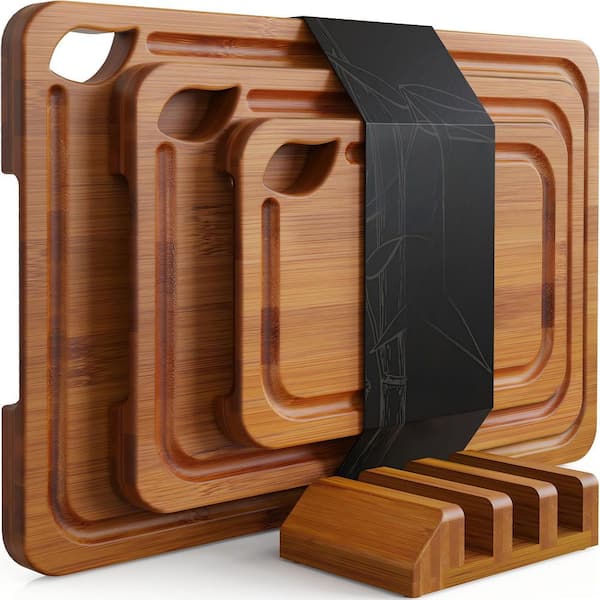 3-Piece Bamboo Cutting Boards with Wood Storage Stand, Reversible Charcuterie and Chopping Boards for Kitchen