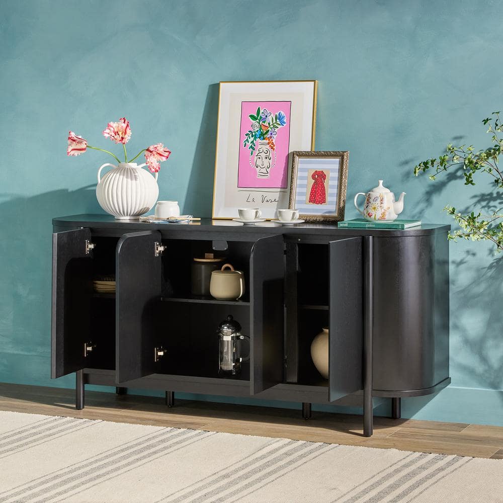Ezra 70" Black Solid Wood Curved Sideboard Cabinet