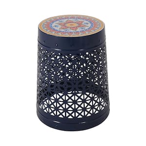 Cranbrook Dark Blue Round Outdoor Side Table with Ceramic Tile Top for Outdoor and Indoor Use