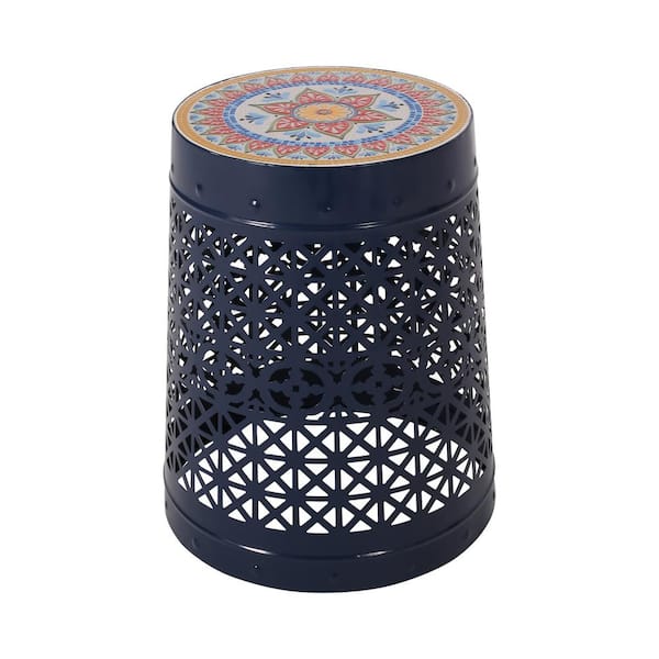 Unbranded Cranbrook Dark Blue Round Outdoor Side Table with Ceramic Tile Top for Outdoor and Indoor Use