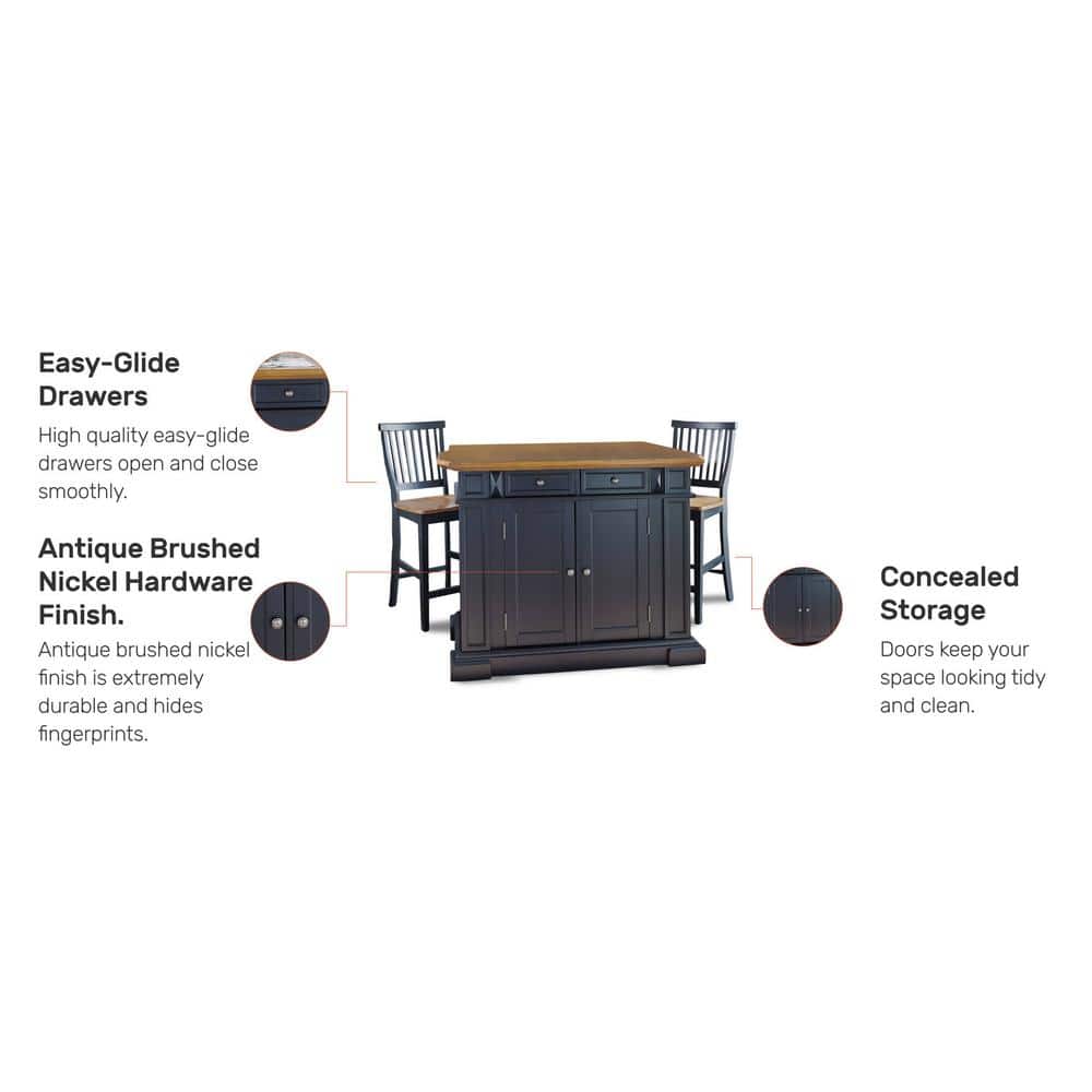 Black and Oak Wood Kitchen Island Set with Stools