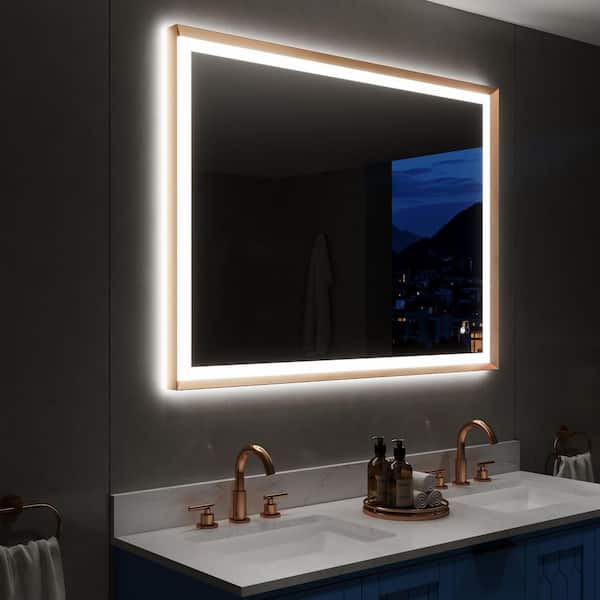 ANGELES HOME 48 in. W x 36 in. H Rectangular Framed Backlit Front Wall LED Light Bathroom Vanity Mirror in Brushed Gold,Easy Hang