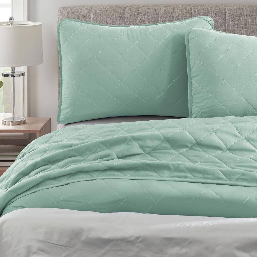 Sage Green Microfiber Diamond Stitched Full Quilt Set