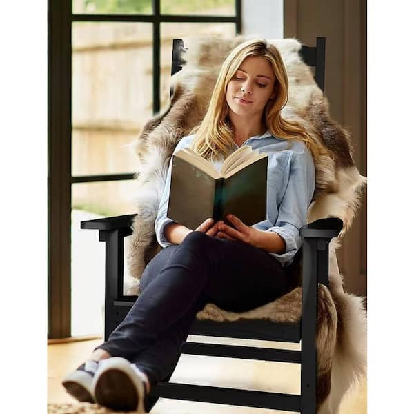 Black Plastic Patio Outdoor Rocking Chair, Fire Pit Adirondack Rocker Chair with High Backrest