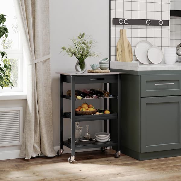 Tileon Kitchen Island Cart Rolling Trolley Utility Serving Cart with Stainless Steel Tabletop, Wine Rack and Drawer in Black