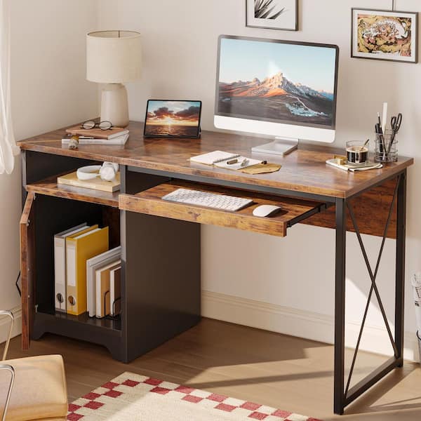 47.2 in. Rectangular Brown Reversible Office Desk with Storage Magnetic Cabinet,Study Writing Desk with Keyboard Tray