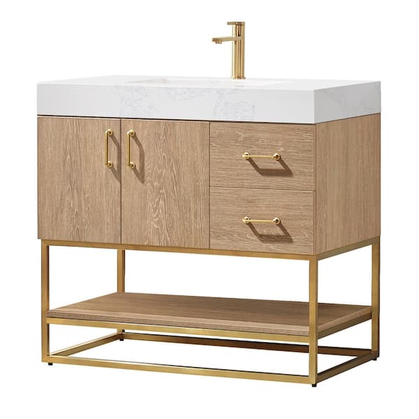 Alistair 36 in. Bath Vanity in North American Oak with Grain Stone Top in White with White Basin