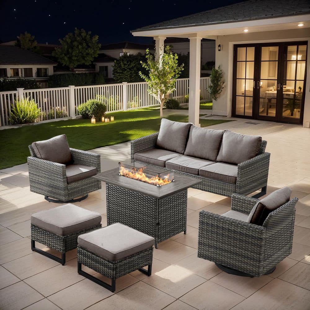 Building Pit Set moosprr U-Frame 6-Piece Gray Wicker Fire Pit Conversation Set with ...