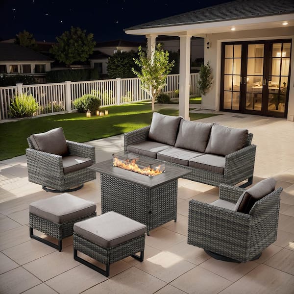 U-Frame 6-Piece Gray Wicker Fire Pit Conversation Set with Olefin Gray Cushions and Swivel Glider Chairs/Couch