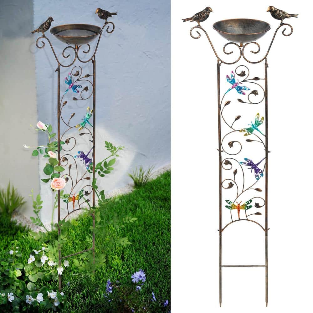 Elegant 40" Bronze Metal Garden Trellis with Bird Bath