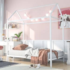 White Twin Size House Metal Platform Bed, Floor Bed for Kids