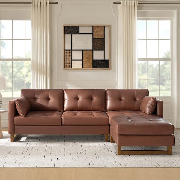 Dimitri 101 in. Square Arms 1 Piece Genuine Leather Reversible Sectional in Brown