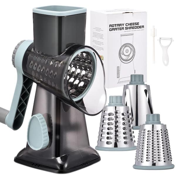 Rotary Cheese Grater with Handle and 3 Interchangeable Blades for Shredding Slicing Cheese, Vegetables and Nuts
