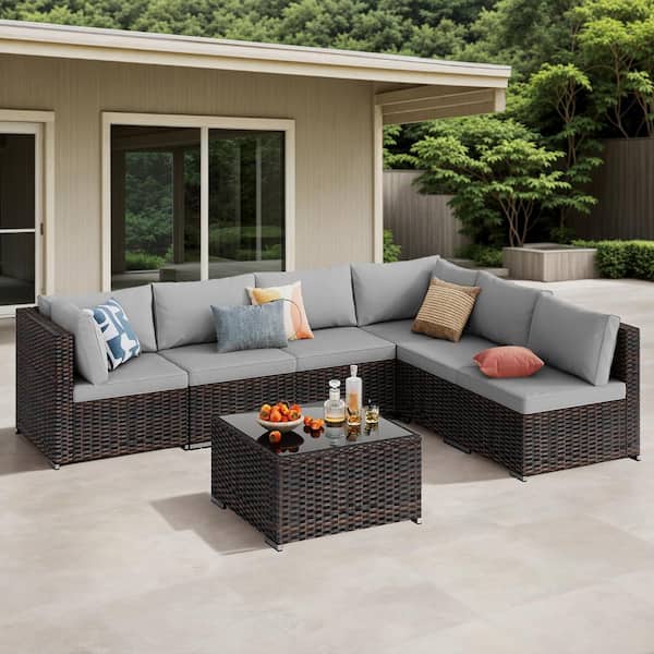Lofka 7-Piece Outdoor Sectional Patio Furniture Set, PE Rattan Conversation Set with Cushions and Glass Coffee Table, Gray