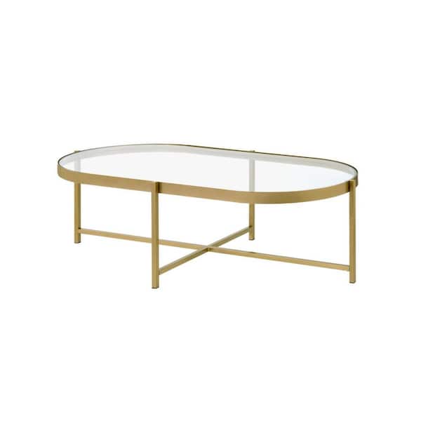 HomeRoots Amelia 28 in. Clear Glass Top and Gold Finish Oval Glass Coffee Table