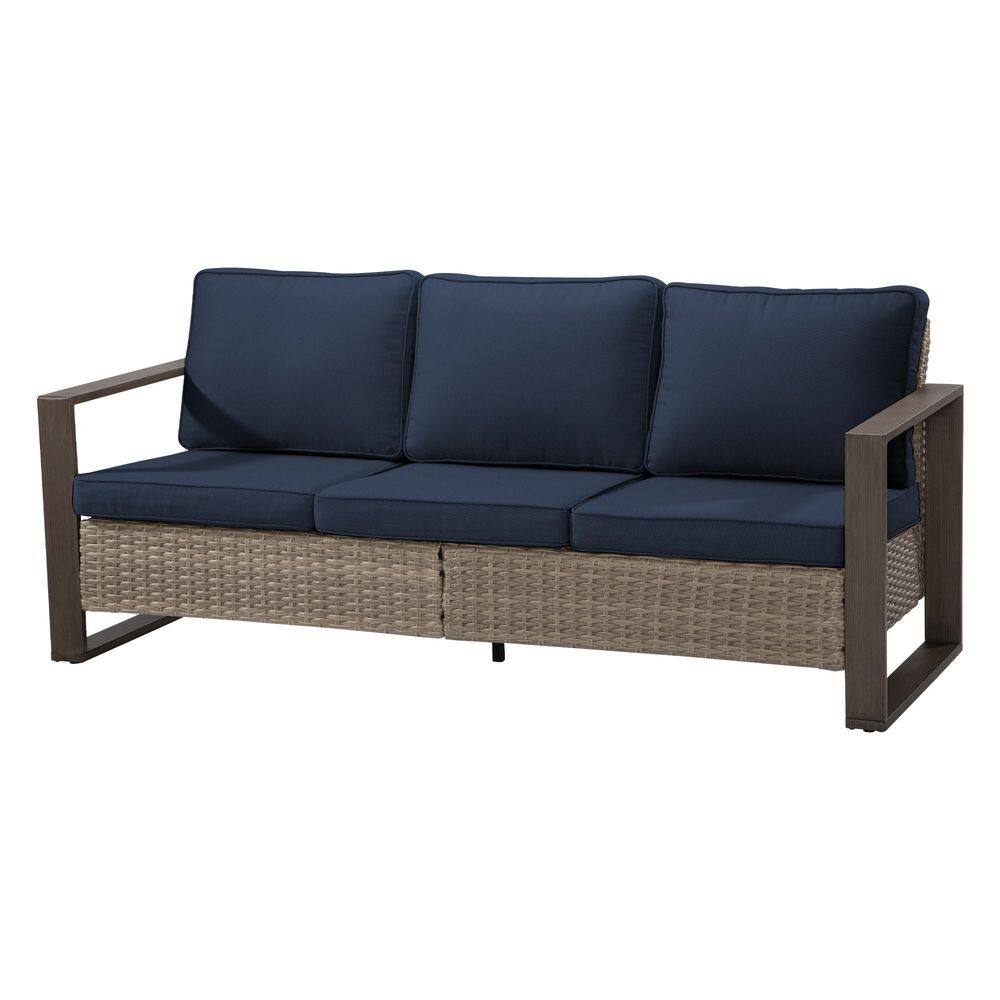 Brown Wicker 3-Seat Outdoor Couch with Dark Blue Cushions price history on PriceWatchPro