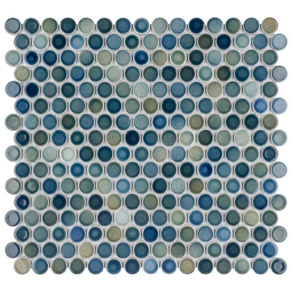 Hudson Penny Round Lagoon 6 in. x 6 in. Porcelain Mosaic Take Home Tile Sample