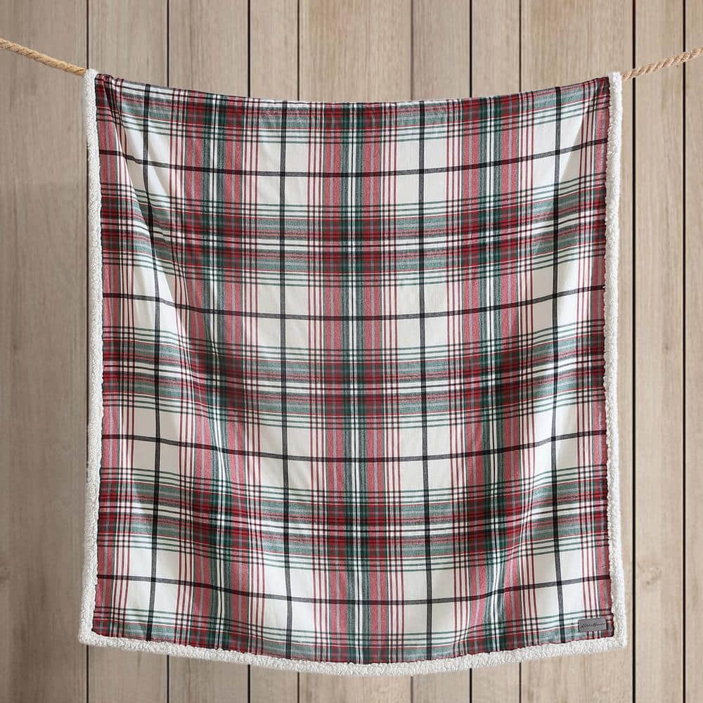 60" Red and Green Plaid Reversible Sherpa Cotton Throw Blanket