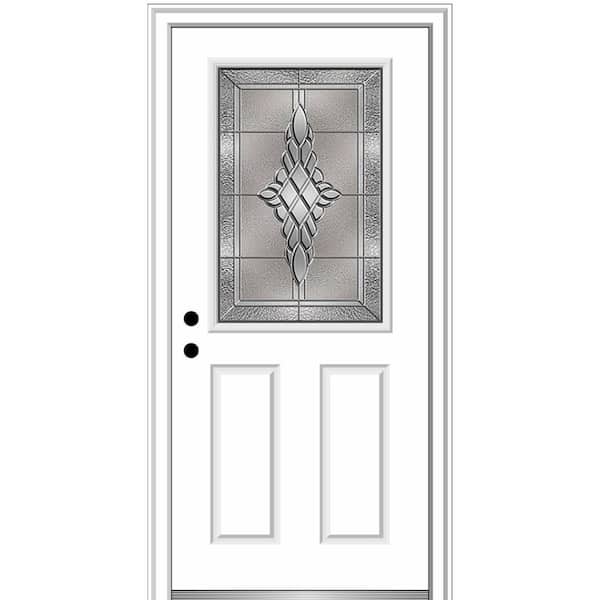 MMI DOOR 36 in. x 80 in. Grace Right-Hand Inswing 1/2-Lite Decorative Primed Fiberglass Prehung Front Door, 4-9/16 in. Frame