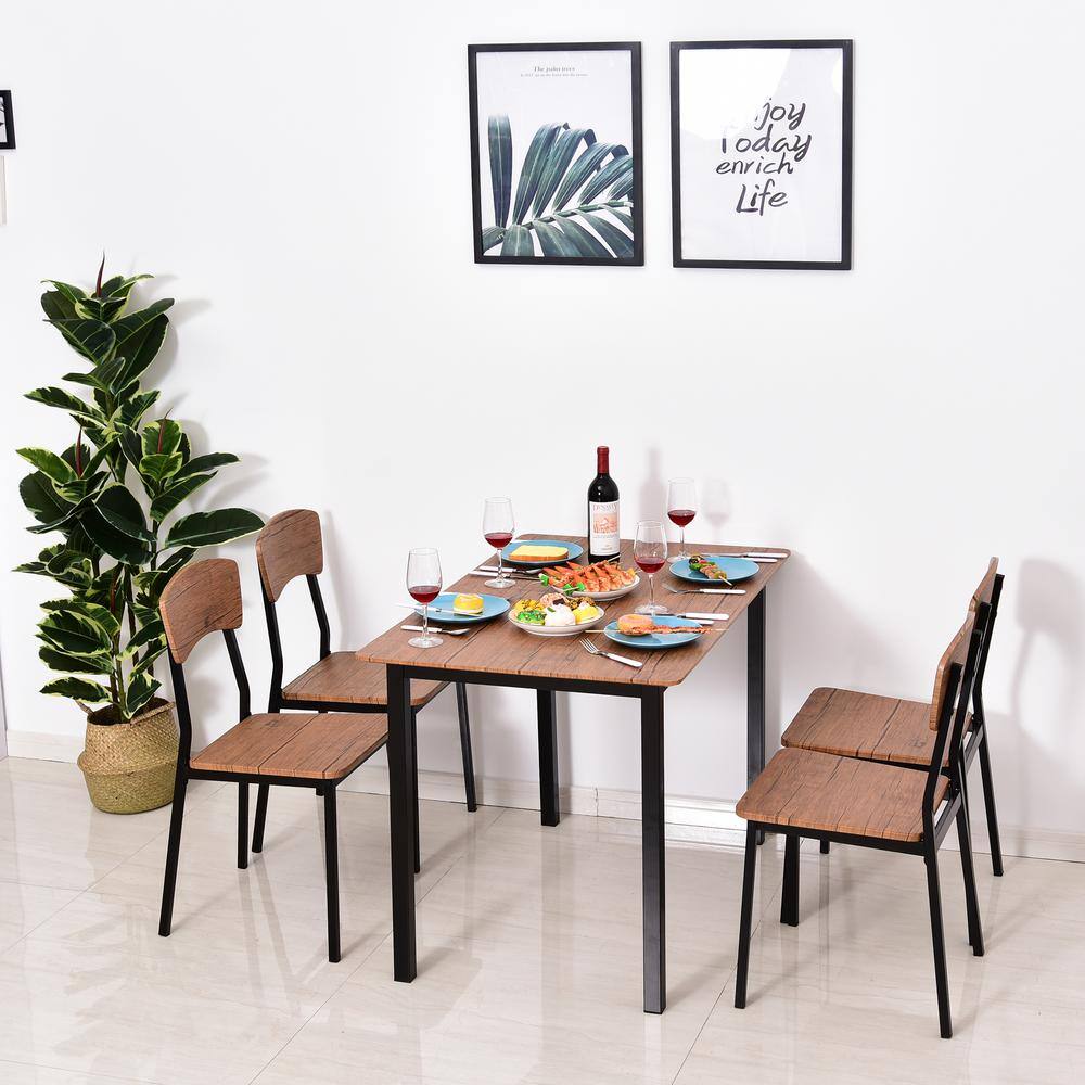 Industrial 5-Piece Dining Set with Dark Walnut MDF and Steel