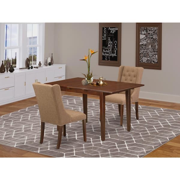 East West Furniture 3-Piece Mahogany Finish Solid Wood Top with Butterfly Leaf Dining Table Set